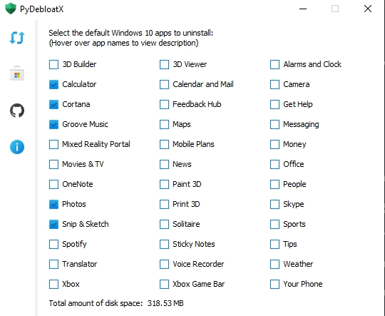 PyDebloatX(Win10预装应用卸载工具) v1.16